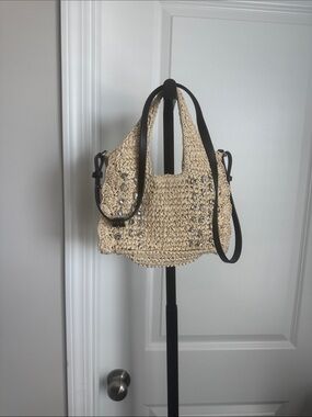Beige Crochet Shoulder Bag with Stud Accents and Black Strap